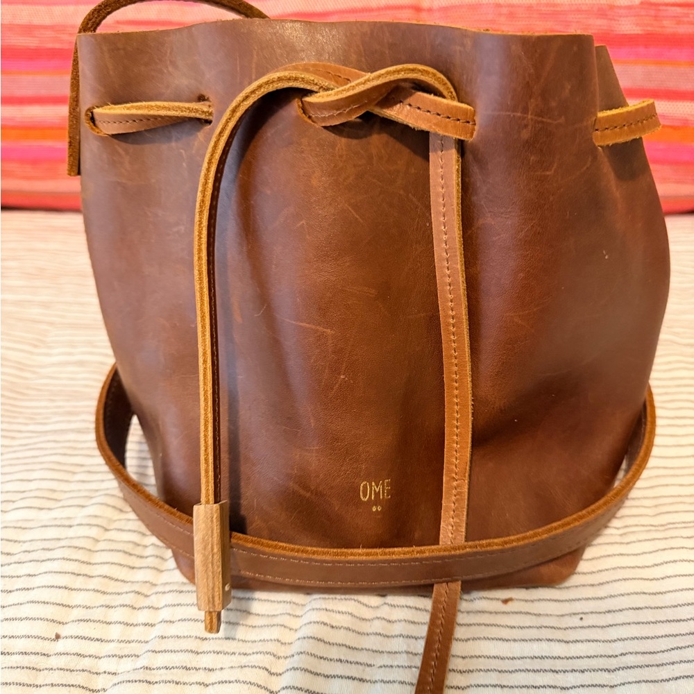 Brown Leather Drawstring Bucket Bag